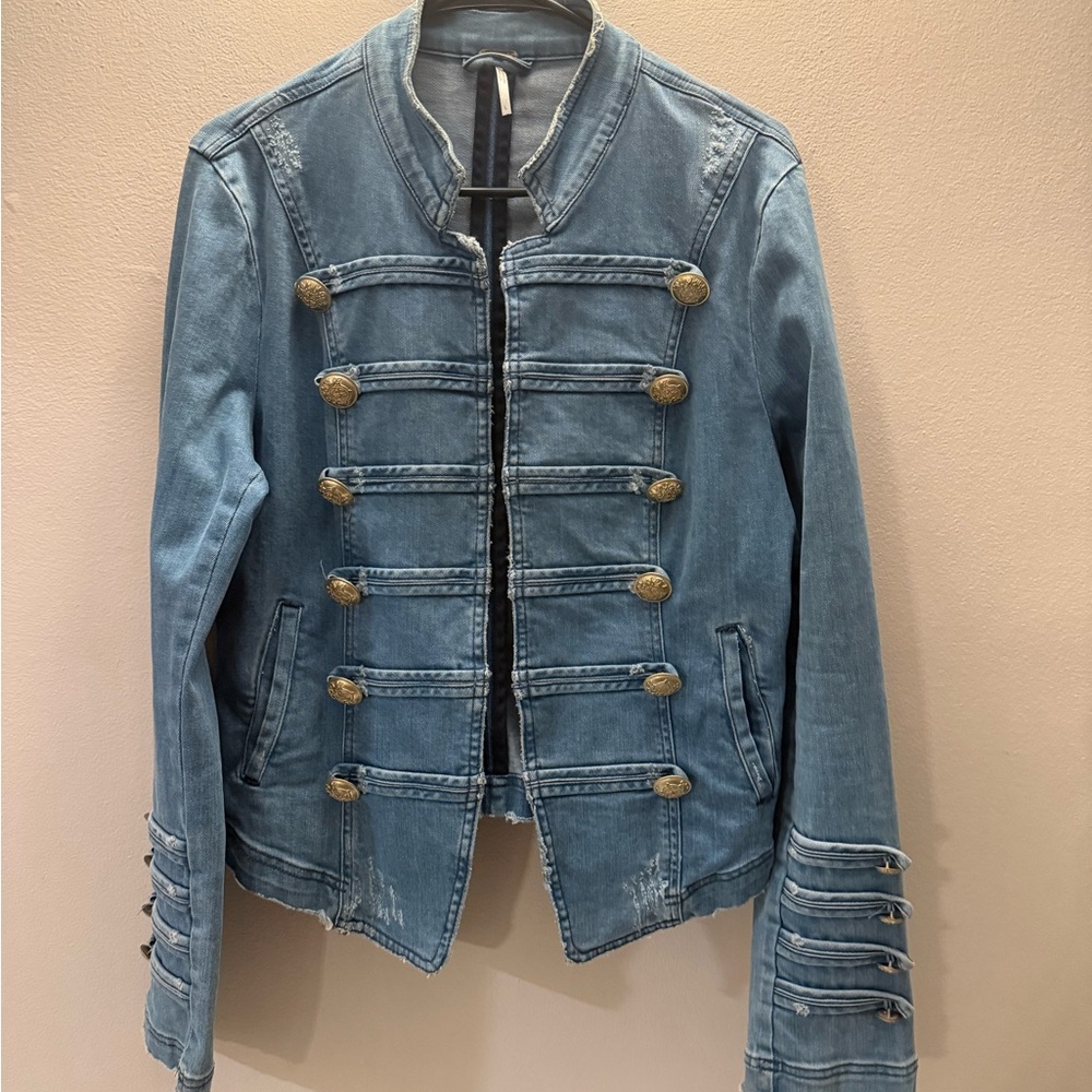 Free People Light Blue Denim Jacket military distressed